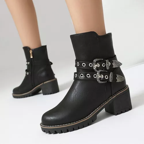 Women Booties Mid Chunky Heel Round Toe Zip Up Casual Buckle Fashion Ankle Boots - Bild 3 von 29