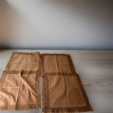 6 VTG Linen Tawny Brown Lace Trimmed Napkins Square 16” Table Top Decor Cottage