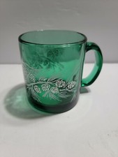 VTG GREEN GLASS MUG 14 OZ CUP WHITE PINE CONES WINTER MADE IN USA
