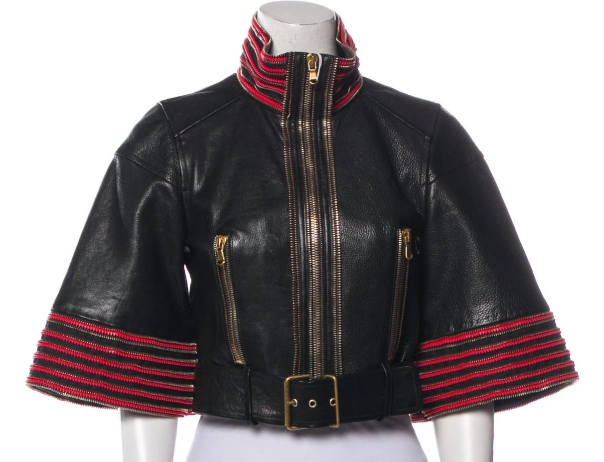 Alexander McQueen — Rare ALEXANDER McQUEEN SS 2014 Runway Leather Zipper Moto Jacket Black Red 38 2
