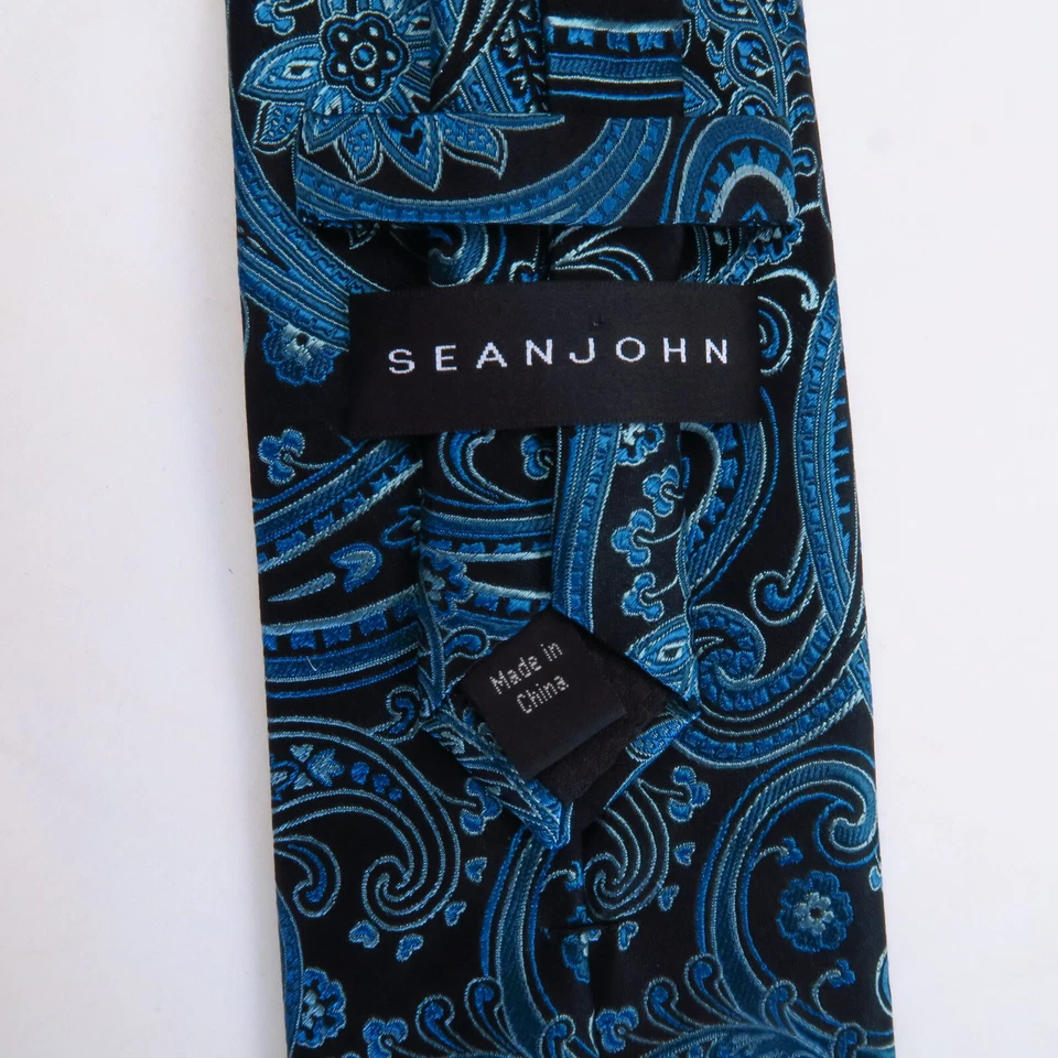 Gravata masculina Sean John azul sobre preto paisley 58x3,5 floral profissional moderna - Imagem 3 de 4