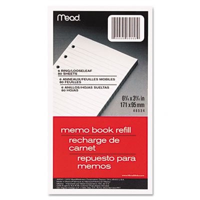 6-ring Memo Book Refill, College Rule, 6hp, 6-3/4 X 3-3/4, 80 Sheets [set Of 5]
