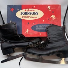 Vintage Genuine Johnsons Ice Skates Black Leather Figure Skating Box MCM rustic