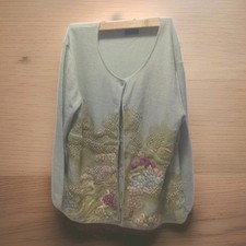 VINTAGE SUSAN BRISTOL Spring Garden HAND EMBROIDERED KNIT SWEATER Floral Green