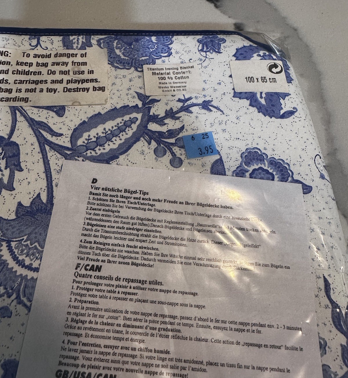 WENKO Wenselaar Germany Titanium Ironing Pad Blanket Blue Floral Cotton NEW