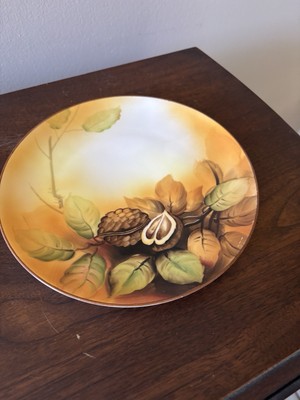 Noritake Hand Painted Plate Walnut Branch Leaves Green M Wreath Mark 1920's
