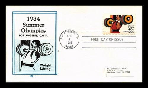 US COVER SUMMER OLYMPICS LOS ANGELES WEIGHT LIFTING AIR MAIL FDC REID CACHET