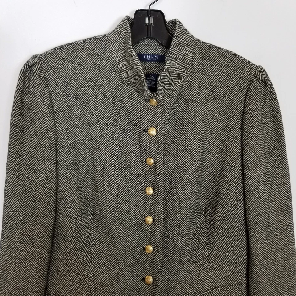 VTG Chaps Womens Wool Blend Jacket Blazer Sz XL Gray Herringbone Gold Button  - Image 2 of 4