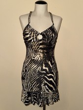 Vintage GUESS Zebra Animal Print Chiffon Mini Dress Women XS V-Neck Tie Stretch 
