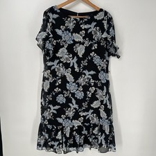 Lauren Ralph Lauren Dress Womens 10 Black Floral Print Georgette Ruffle Sleeve