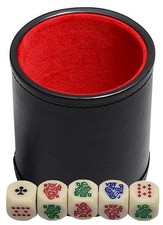  5 Poker Dice Rounded Corners Ivory Tone  PU Leather Red Felt Lined Cup Bundle