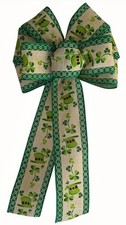 St Patrick's Day Wired Wreath Bow, Handmade, Linen, Green and Brown, Shamrock