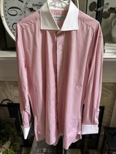 TURNBULL & ASSER pink stripes dress shirt white collar / cuffs 17 x 36