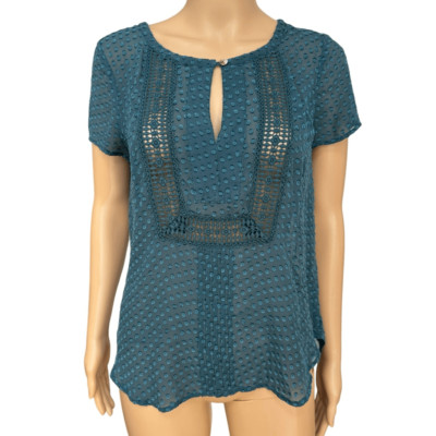 Anthropologie Meadow Rue grassland teal silk keyhole blouse Swiss dot sheer sz S