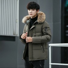 Mens Duck Down Quilted Padded Puffer Jacket Faux Fur Hooded Bubble Top Parka SPW