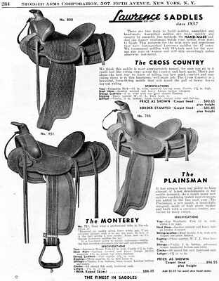 1946 Print Ad of Lawrence Horse Saddles The Cross Country, Plainsman, Monterey