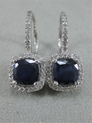 ESTATE 2.44CTW DIAMOND SAPPHIRE HANGING 14K WHITE GOLD CUSHION EARRINGS #E2838SA - 第 4/12 張圖片