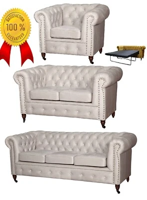 Chesterfield SET 3+2+1 Sitzer SOFA 3-1-1 Sessel Schlafsofa Stoff Weiss Büromöbel