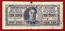 Ceylon 10 Cents 23/12/1943 P-43b 