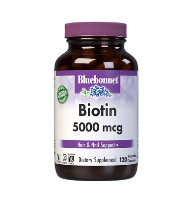 Bluebonnet Biotin 5000 mcg Vegetable Capsules 120 Count for Hair Nails Health