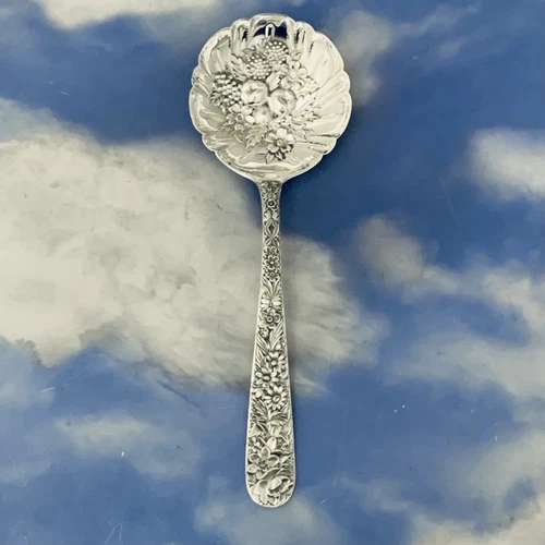 Stieff KIRK Repousse 9 1/4" Solid Sterling Shell Berry Casserole Spoon Mono