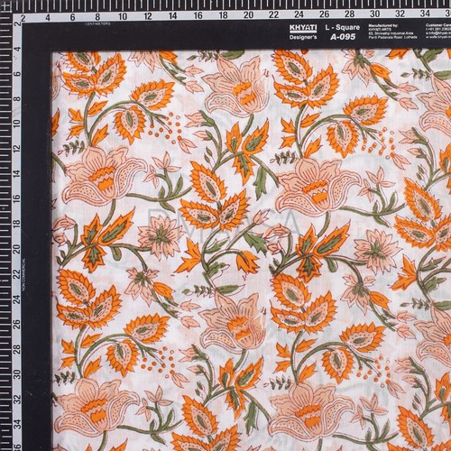 Orange Green Hand Block Floral Print Fabric Summer Dress Making Clothing By Yard - Picture 4 of 5