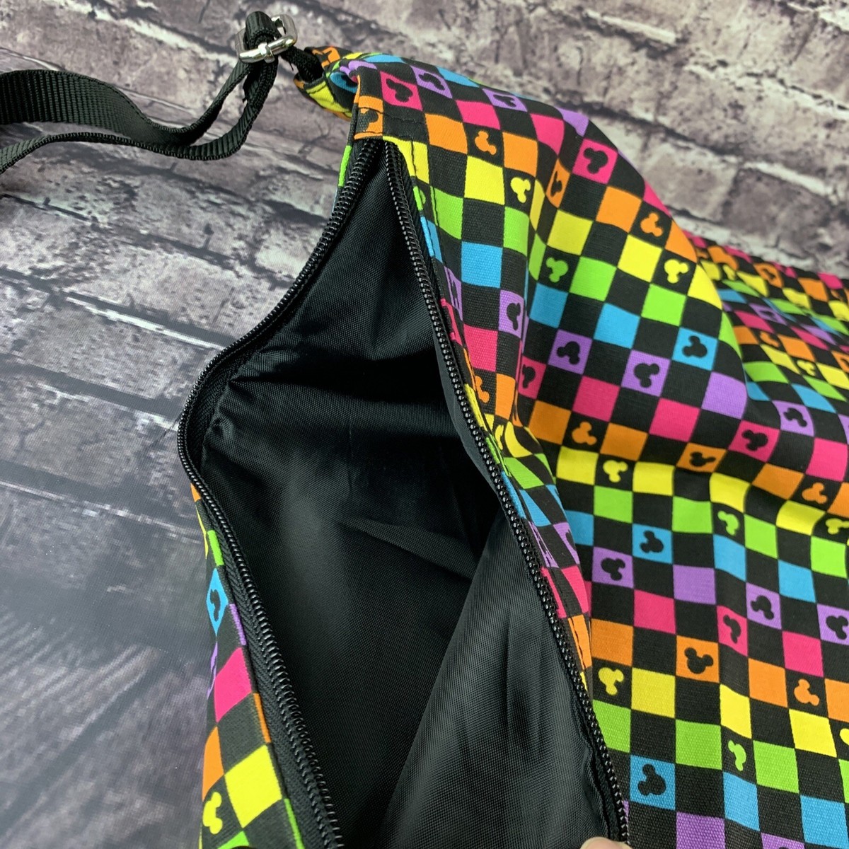 DISNEY Parks Backpack Fabric Drawstring Rainbow Mickey Checker Zipper Rainbow Disney Parks Mickey Black Rainbow Design Draw String Day Bag  main image 2