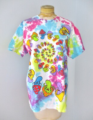 Liquid Blue colorful pink psychedelic tie dye dancing mushrooms cotton t-shirt L