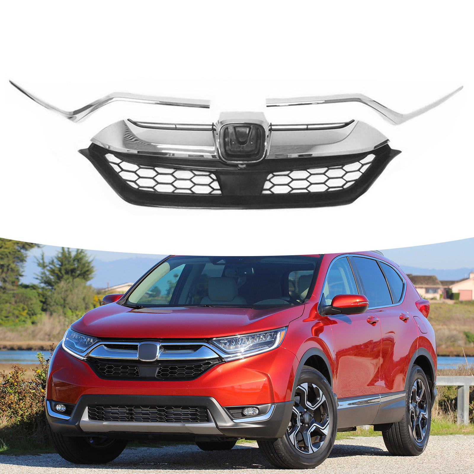 Fit 2017 18 2019 Honda CRV CR-V Front Bumper Grill Grille w/Eyelid Molding Trim