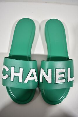 Chanel 23P Green White Leather CC Logo Letter Mules Slide Slip