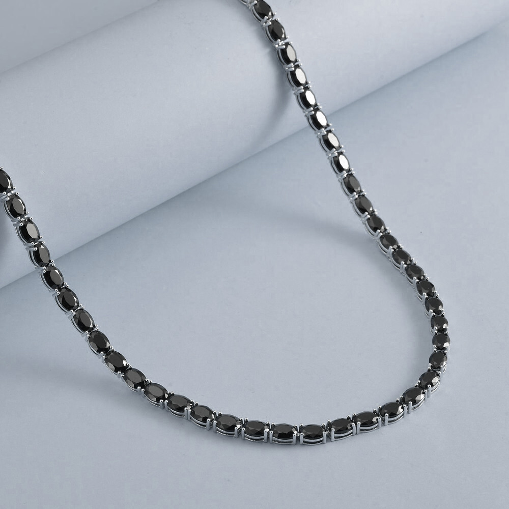 18ct Oval Cut Natural Black Spinel Tennis Necklace in 925 Sterling Silver