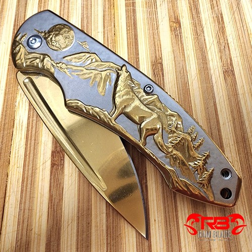 8" Tactical Gold Color Wolf Engraved Spring Assisted Folding Pocket Knife Blade - Picture 12 of 14