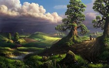Landscape art fantasy clouds nature trees hills field Custom Gaming Mat Desk