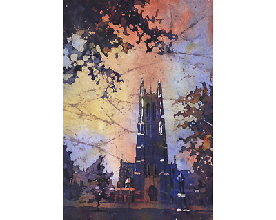 Duke Chapel in Durham- fine art watercolor batik painting (print).  Duke art