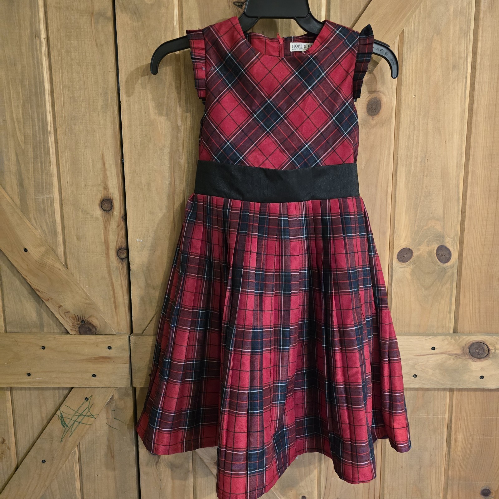 HOPE & HENRY Red Plaid Girls Dress Size 8 Pleated Holiday Taffeta w/ back bow