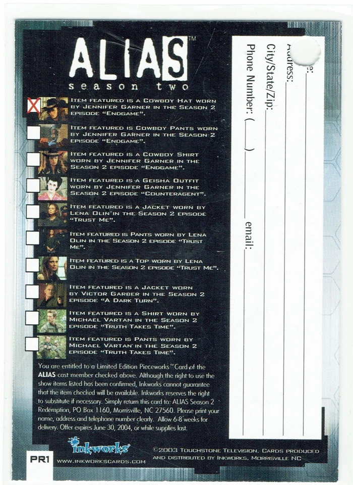 Alias Season 2 Inkworks Pieceworks Redemption Card PR1 Jennifer Garner CLEAN - Image 2 of 4