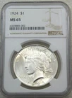 1924 Peace Silver Dollar NGC MS65 Frosty White Superb coin #F223B