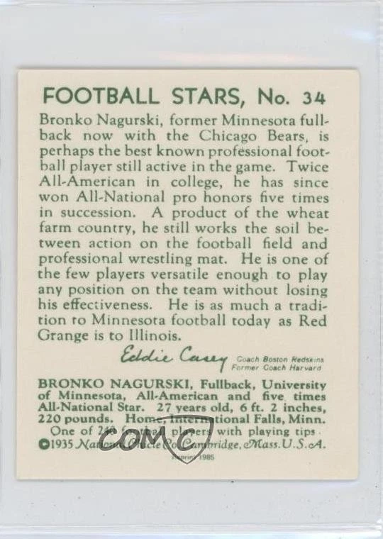 1985 Renata Galasso 1935 National Chicle Reprints Bronko Nagurski #34 HOF - Image 2 of 2