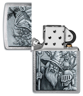 Zippo Windproof Brushed Chrome Lighter With Dragon & Wizard, 46579