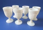 Set of 6 Vintage White Milk Glass Goblets 4" Star and Cane Pattern Juice Wine