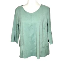 Soft Surroundings Sage Green Faux Suede 3/4 Tulip Sleeve Top Blouse Large Petite