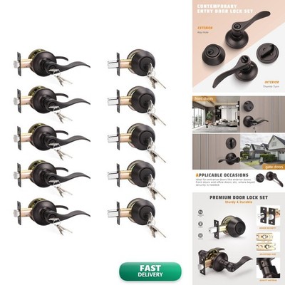 KNOBWELL 5 Pack Door Lock Set Entry Lever Deadbolt Oil Rubbed Bronze Keyed Alike