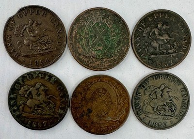 Lot of 6 Bank of Upper Canada Half 1/2 Penny Tokens 1852-1857 Circulated Damaged