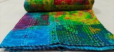 Indian Hand Block Tie Dye Twin Size Cotton Kantha Quilt Throw Blanket Bedspread