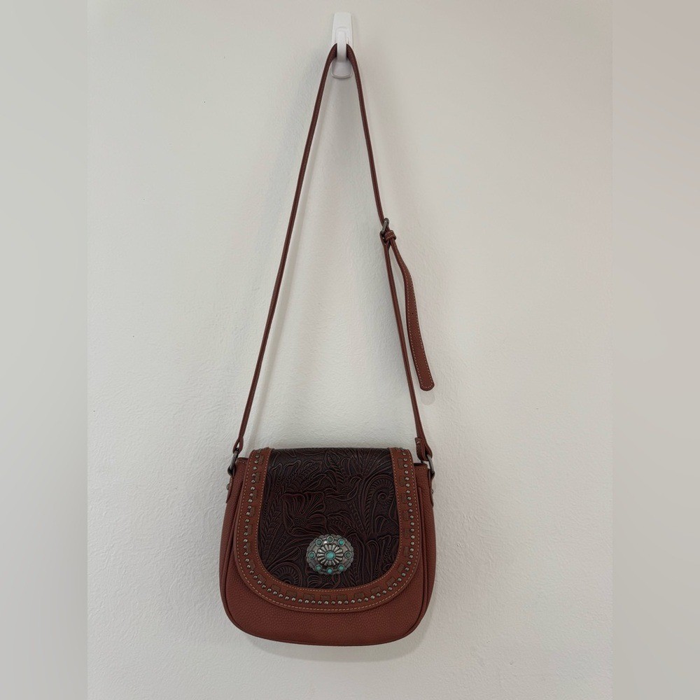 Trinity Ranch Brown Embossed Leather Crossbody Ba… - image 3