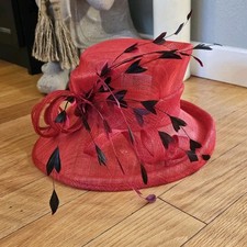 KaKyCo Red Sinamay Fascinator Hat KentuckyDerby Church Wedding Feather Wide Brim