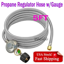 5Ft Propane Regulator Hose&Tank Gauge, Stainless Steel Braided, for Burner Stove