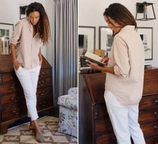 Frank Eileen 268 Eileen Famous Denim Distressed Shirt in Sand; XL