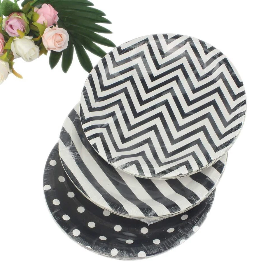 Platos de papel Chevron a lunares a rayas negras 36 un. - Platos redondos de fiesta de 9 pulgadas... Foto 2 de 4
