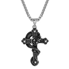 Gothic Men Dragon Skull Cross Pendant Necklace Stainless Steel Jewelry 22" Chain